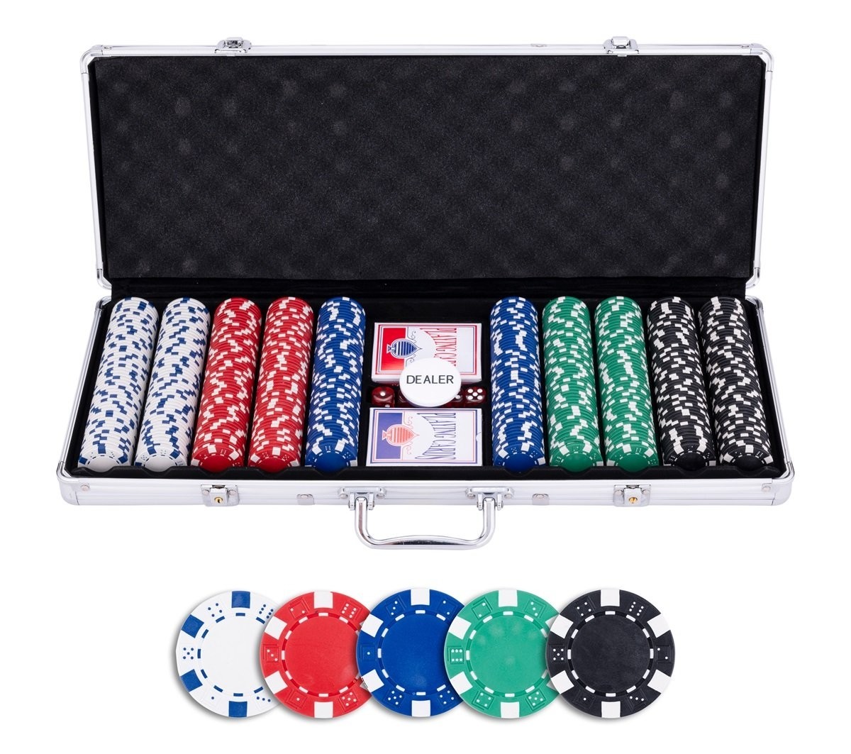 Pokerio rinkinys sidabrinės spalvos dėkle, be verčių, 500 žetonų 11.5g