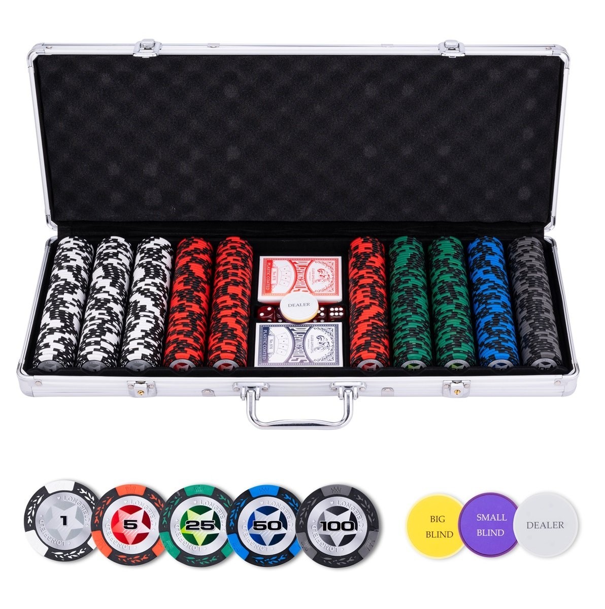 Pokerio rinkinys sidabrinės spalvos dėkle, 500 žetonų, 14g su vertėmis